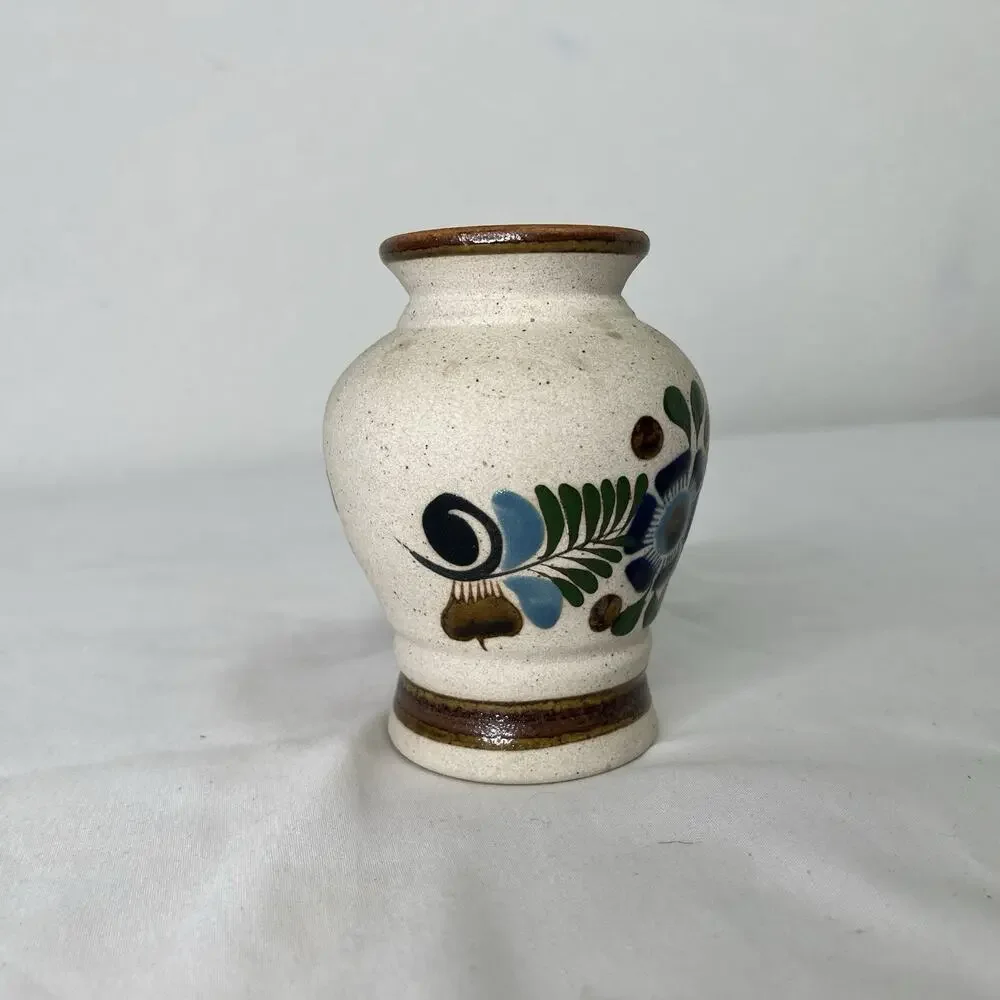 Mexican Vase Pottery Floral Glossy Design Small Made In Mexico, Signed